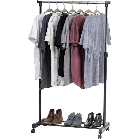 Clothes Rack, Portable Single-Rod Height Adjustable with Lockable Wheels, Rolling Garment Rack, Single Rod Wardrobe Rack, Easy Assemble, for Clothes, Belts, Shoes, and Bags