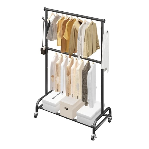 Clothes Rack, Rolling Clothing Garment Rack with Adjustable Crossbar and Side Hooks, 150 lbs Load Capacity, Heavy Duty Carbon Steel Clothing Racks with Wheels for Bedroom, Laundry, Living Room