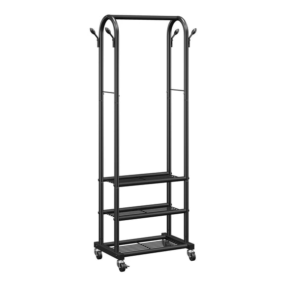 Clothes Rack, Rolling Clothing Garment Rack with Hanging Rod and Side Hooks, 3 Storage Shelves, Heavy Duty Carbon Steel Clothing Racks for Bedroom, Laundry, Living Room