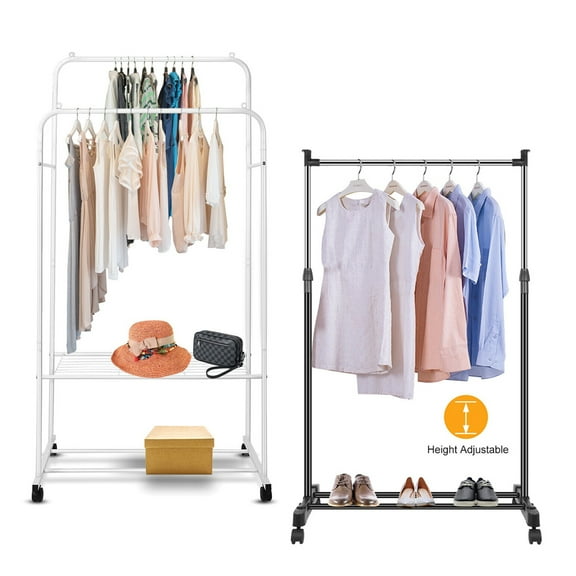 Clothes Rack, Rolling Clothing Rack with Shelf, Industrial Pipe Style, Heavy Duty Double Rods Garment Rack on Wheels, Hanging Rack for Clothes, Shoes,Storage Display
