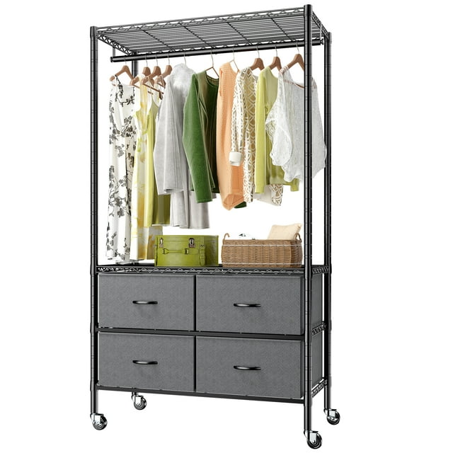 Clothes Rack, Rolling Heavy Duty Clothing Rack with Wheels, Heavy Duty
