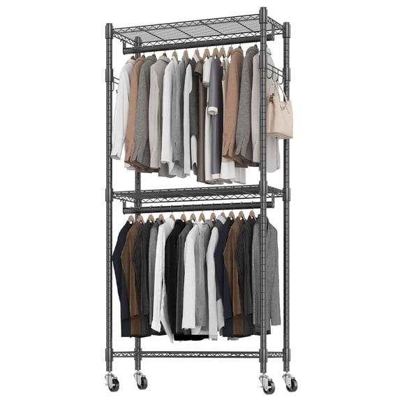 Clothes Rack Rolling Narrow 2 tier Garment Rack for Hanging Clothes Space Saving Portable Clothing Rack with Wheels and Double Rods 8 Hangers, Adjustable, Black