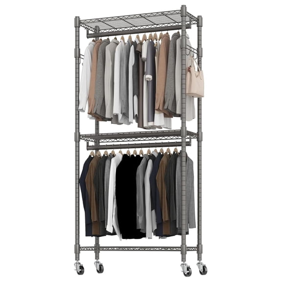 Clothes Rack Rolling Narrow 2 tier Garment Rack for Hanging Clothes Space Saving Portable Clothing Rack with Wheels and Double Rods 8 Hangers, Adjustable, Gray