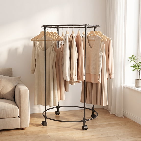 Clothes Rack, Rolling Round Garment Rack with 4 Universal Wheels and Shelf, Floor-Standing Clothes Hanging Rack for Bedroom, Black