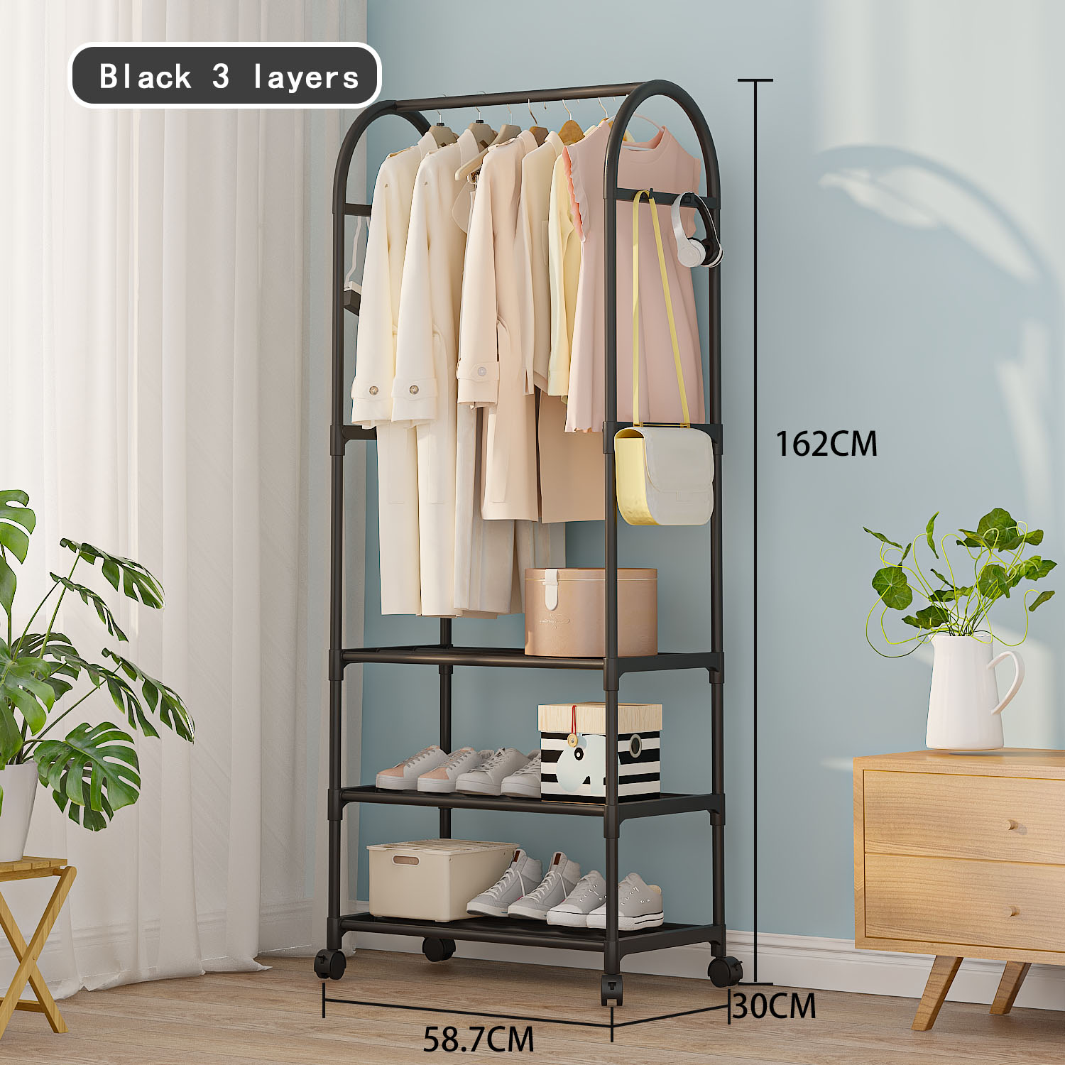 Clothes Rack Standing Wheels Hall Furniture Bedroom Storage Shelves ...
