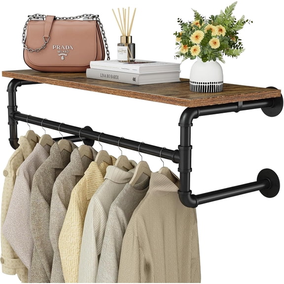Clothes Rack with Top Shelf, 29.1in Industrial Pipe Wall Mounted Garment Rack, Space-Saving Display Hanging Clothes Rack, Heavy Duty Detachable Multi-Purpose Hanging Rod for Closet Storage