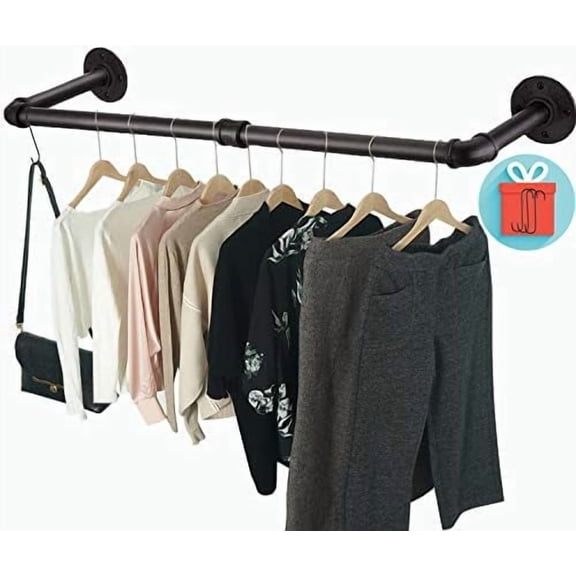 Clothes Rack Wall Mount with 3 Hooks, 36''L Clothing Bar for Wall, Industrial Pipe Clothes Rod, Heavy Duty Iron Garment Rack, Clothes Hanging Rod Bar for Laundry Room Closet Storage
