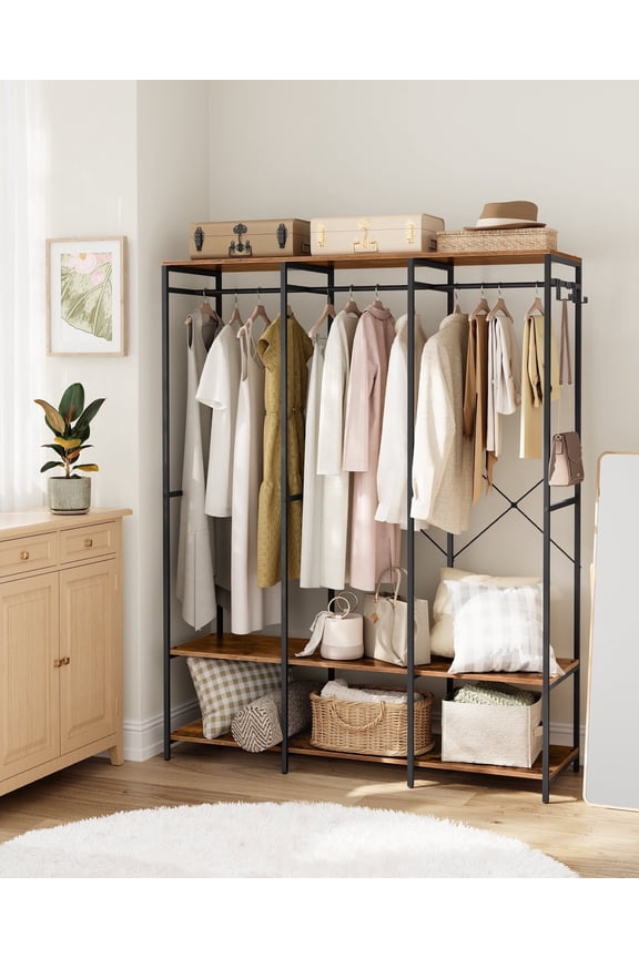 Clothes Rack Wardrobe Closet Organizer Heavy Duty Garment Rack with Hanging Rods Closet Shelves Removable Hooks Rustic Brown