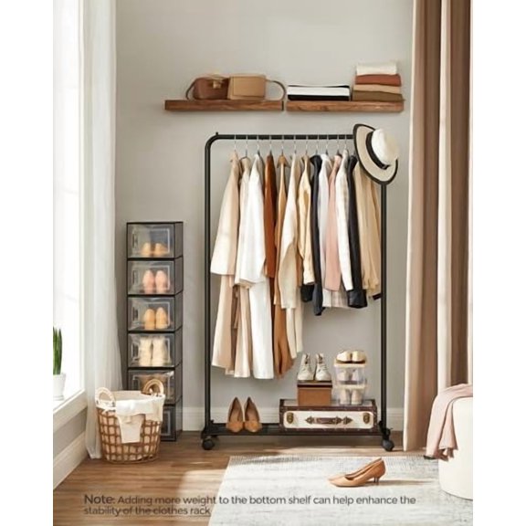 Clothes Rack with Wheels, Clothing Rack for Hanging Clothes, 25.4 mm Metal Garment Rack with Dense Mesh Storage Shelf, 110 lb Load Capacity, 2 Brakes, Black UHSR25BK