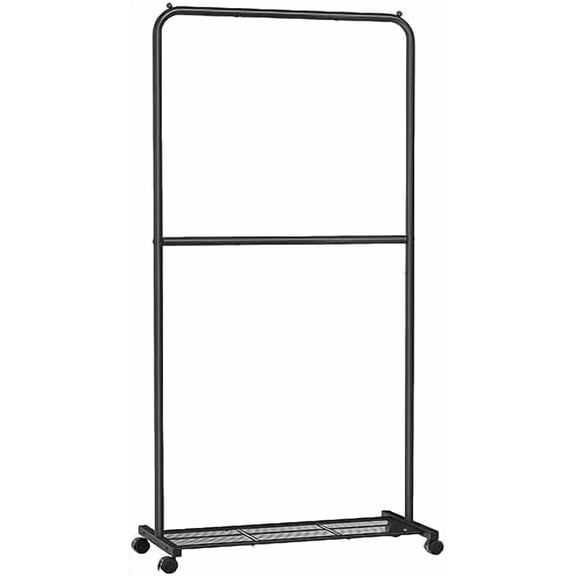 Clothes Rack with Wheels, Double-Rod Clothing Rack for Hanging Clothes, 25.4mm Metal Garment Rack with Dense Mesh Storage Shelf, 110 lb Load Capacity, 2 Brakes, Black UHSR027B01
