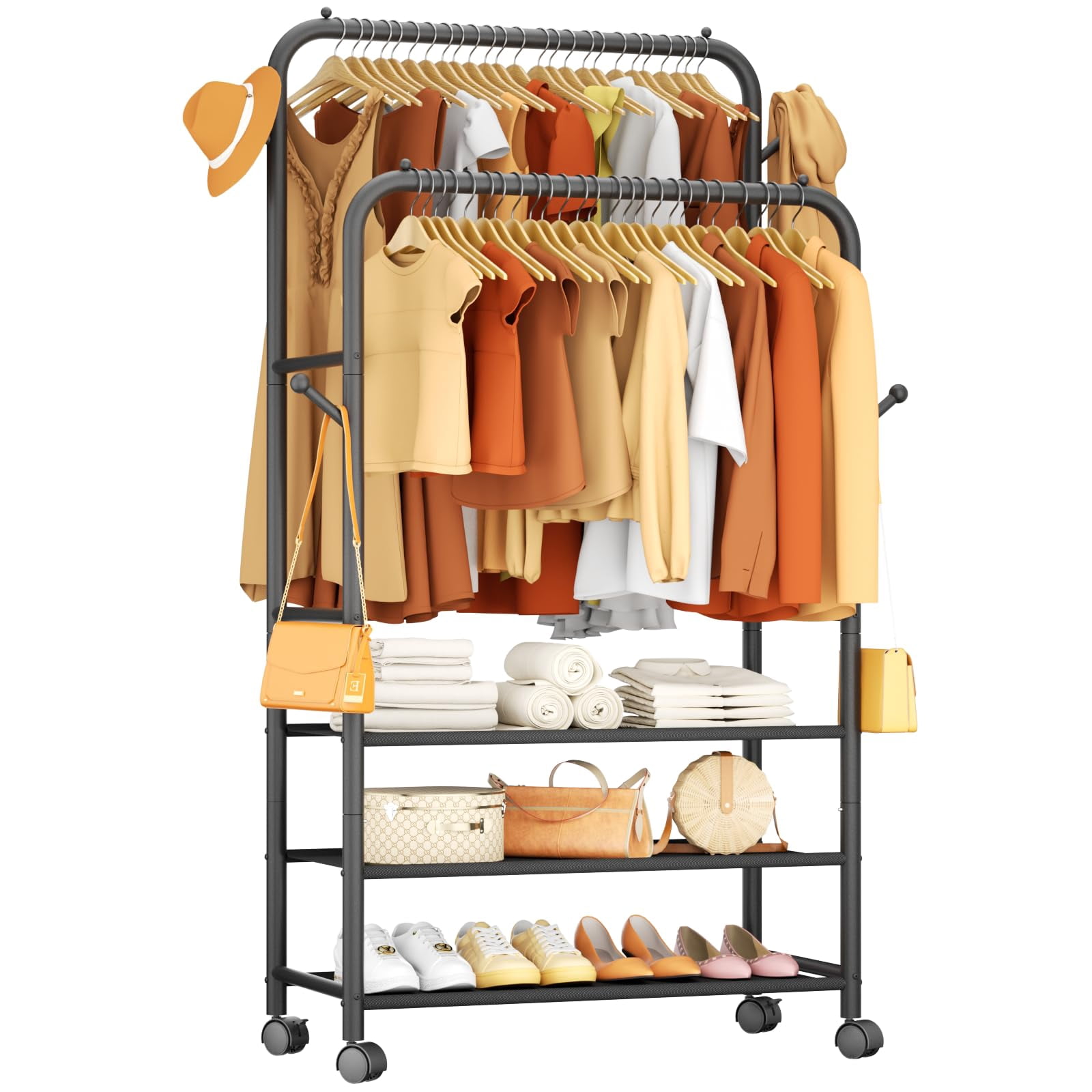 Clothes Rack with Wheels, Double Rod Rolling Garment Rack, Sturdy Metal ...