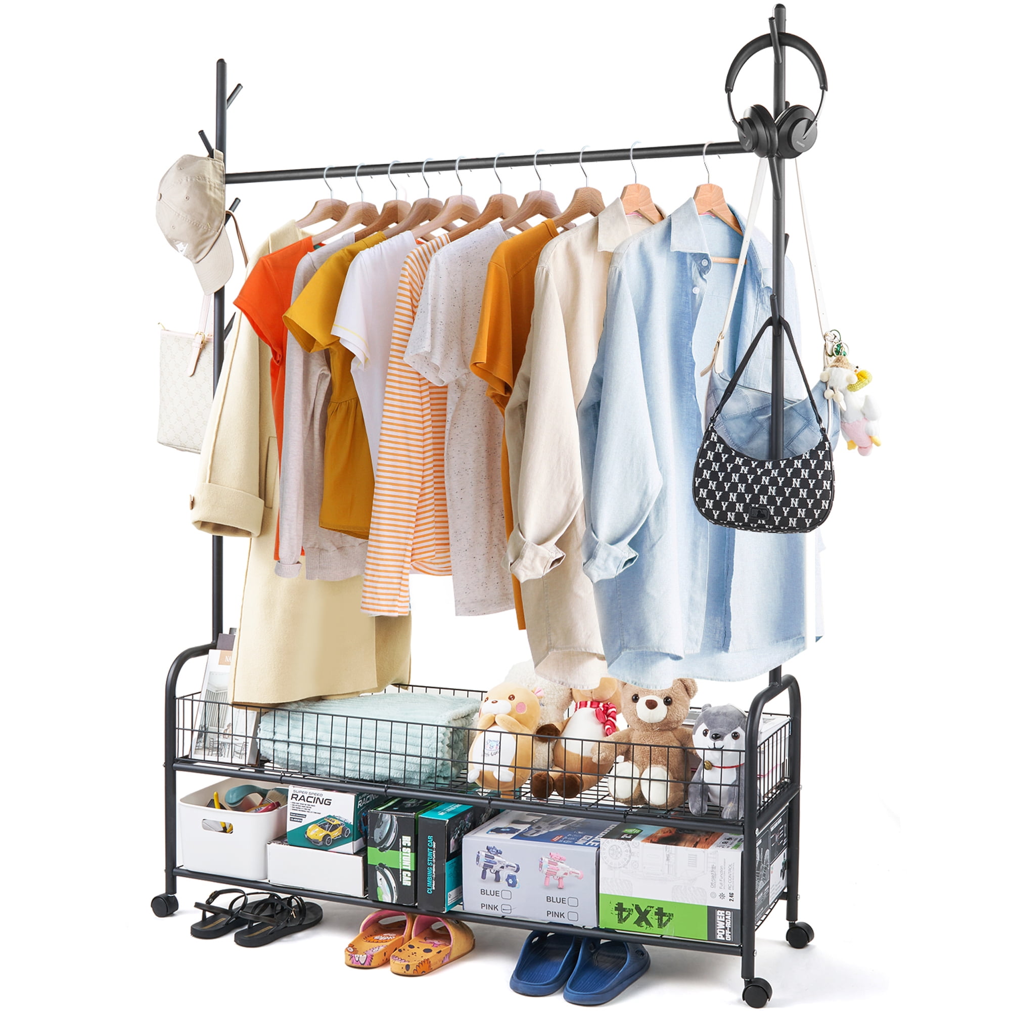 Clothes Rack with Wheels, Portable Clothing Rack with 2 Lower Storage