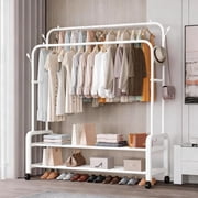 Clothes Rack With Wheels, Portable Clothing Rack With Shelves & Hooks, Heavy Duty Garment Racks for Hanging Clothes, Double Rods Multi-Functional Closet Rack for Bedroom, White