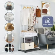 Clothes Rack on Wheels, Stainless Steel Rolling Garment Rack with with 2-Tier Storage Shelves and 2 Coat Hooks for Shoes, Clothing, Portable Garment Laundry Rack for Home Office
