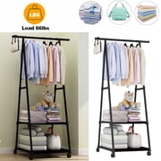 Clothes Rack on Wheels, Stainless Steel Rolling Garment Rack with with 2-Tier Storage Shelves and 2 Coat Hooks for Shoes, Clothing  Portable Garment Laundry Rack for Home Office