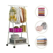 Clothes Rack on Wheels,Stainless Steel Rolling Garment Rack with 2-Tier Storage Shelves and 2 Coat Hooks for Shoes,Clothing,bag Portable Garment Laundry Rack For girls
