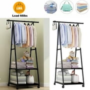 Clothes Rack on Wheels, Steel Rolling Garment Rack with with 2-Tier Storage Shelves and 2 Coat Hooks for Shoes, Clothing， Portable Garment Laundry Rack for Home Office(Max load capacity 66 lbs)