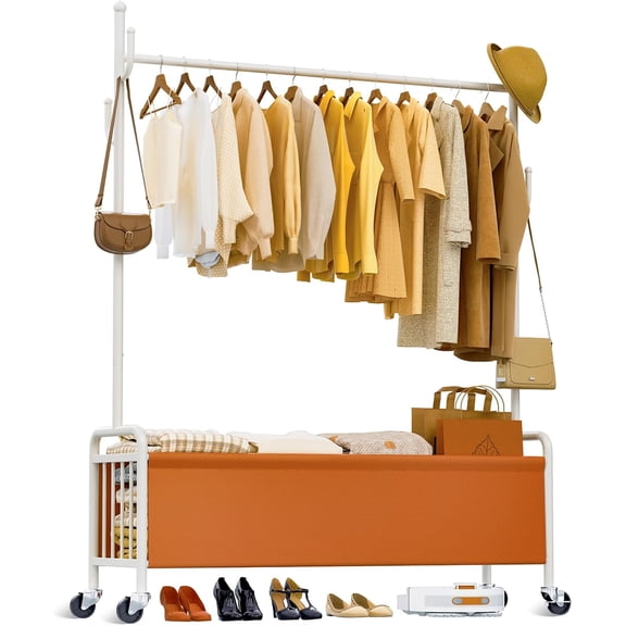 Clothes Rack with Wheels & Storage Basket, Heavy Duty Rolling Clothing Rack with Hooks for Hanging Clothes,Coats, Dresses, Hats for Bedroom, Closet, Living Room, Hallway, Entryway (100cm)