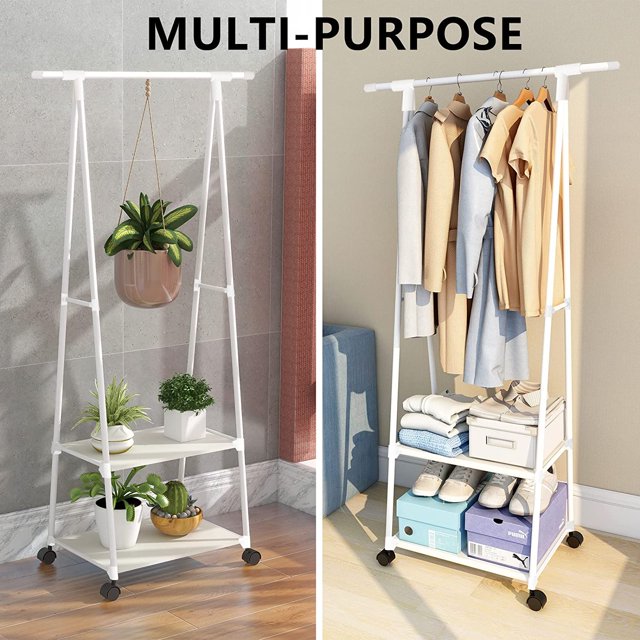 Movable Indoor & Outside Clothes Rack on Wheels, 2Tier Triangle Coat Stand, Rolling Garment