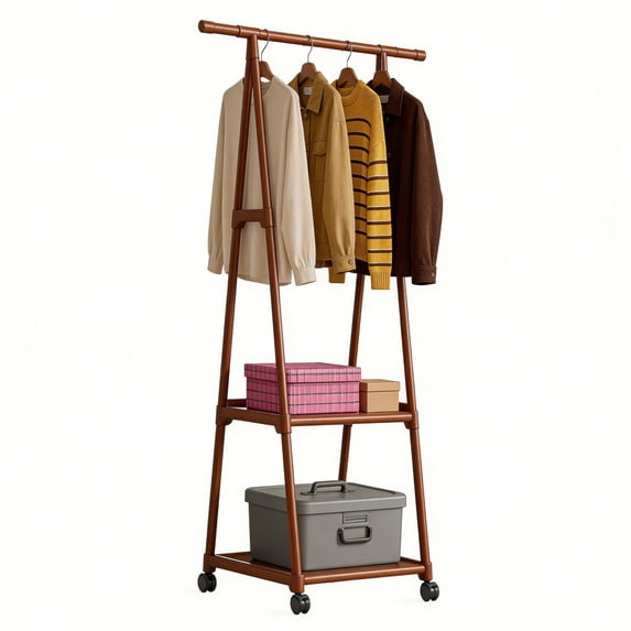 HioHa Portable Clothes Rack on Wheels with 2-Tier Shelves & Hooks - Stainless Steel Rolling Garment Rack for Clothing, Shoes, Laundry - Home, Office, Dorm Use (Brown)