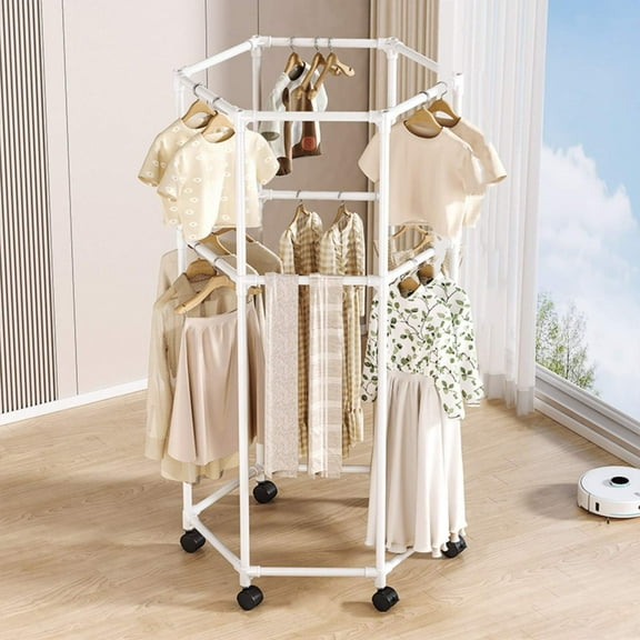 Clothes Rack With Wheels Hexagonal Rolling Clothing Rack For Hanging Clothes Clothes Drying Rack Garment Storage For Bedroom Laundry Balcony