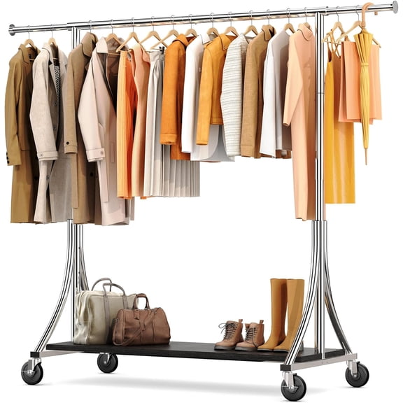 Clothes Rack with Wood Shelves Height Adjustable Clothing Rack with Lockable Wheels 500LBS Portable Wooden Garment Closet for Bedroom, Living Room, Laundry, Balcony, Silver