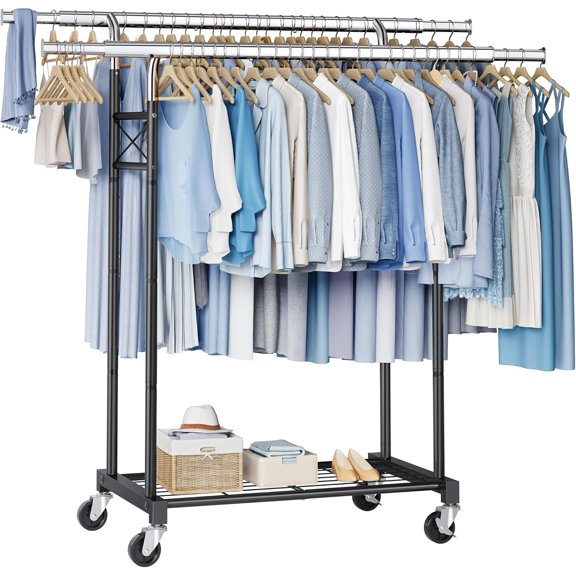 Clothes Rack for Clothes Double Rods, Rolling & Extending Clothing Rack with Wheels, Garment Coat Rack Freestanding, Portable Clothes Rack, Black