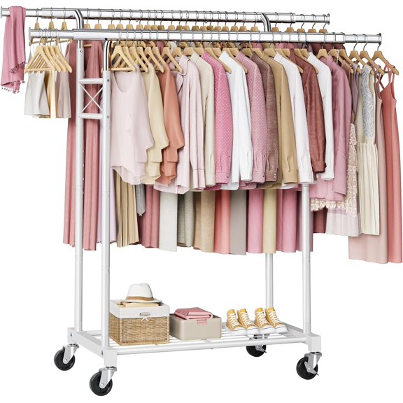 Clothes Rack for  Clothes Double Rods, Rolling & Extending Clothing Rack with Wheels, Garment Coat Rack Freestanding, Portable Clothes Rack, White