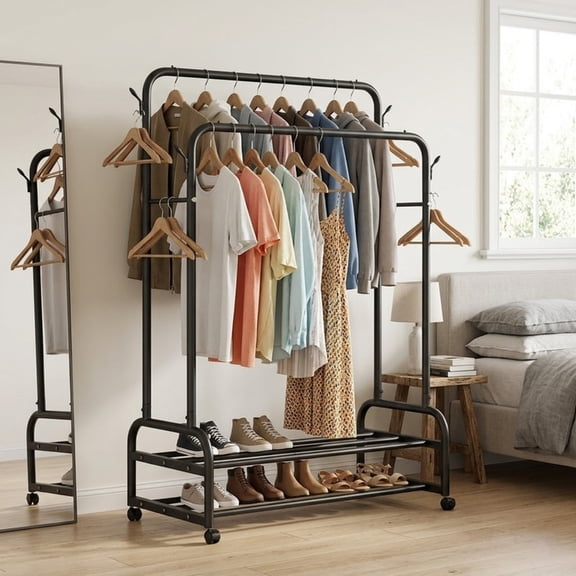 Clothes Rack for Hanging Clothes, Metal Clothes Garment, Portable Sturdy Clothes Rack, Extendable Rolling Garment Rack with Wheels for Laundry Room