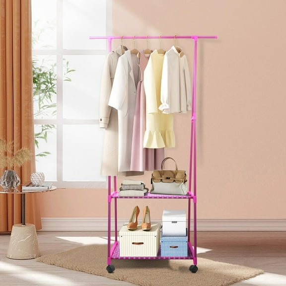 Clothes Rack on Wheels, Rolling Garment Rack with 2-Tier Storage Shelves for Shoes, Clothes, Portable Garment Laundry Rack for Home Office, Pink