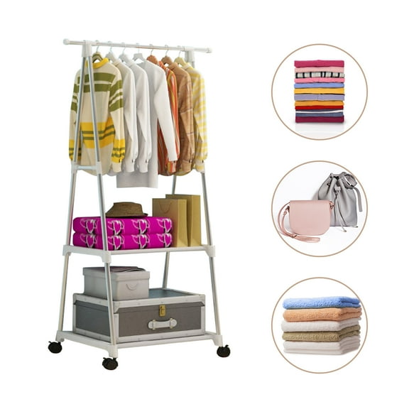 Clothes Rack on Wheels Steel Rolling Garment Rack with 2-Tier Storage Shelves and 2 Coat Hooks Portable Garment Laundry Rack for Home Office (White)