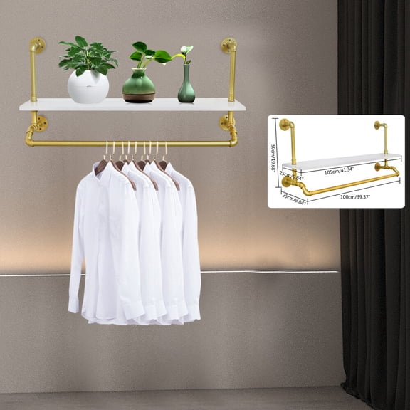 Clothes Rack w/Top Shelf Wall Mounted Pipe Garment Rack 2 Tiers Floating Shelves Load-bearing Capacity 40kg/88.18lbs