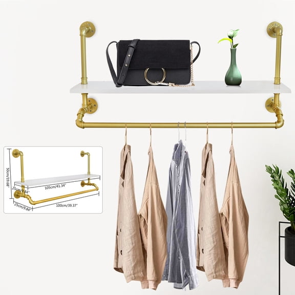 Clothes Rack w/Top Shelf Wall Mounted Pipe Garment Rack 2 Tiers Floating Shelves