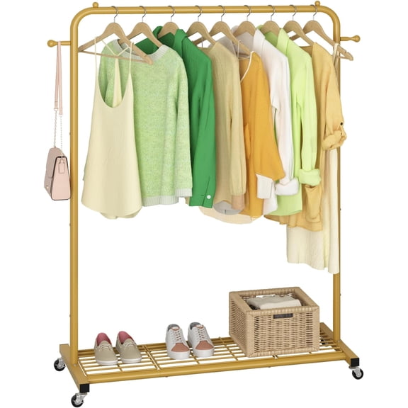 Clothes Rack wheels, Clothing Rack with Bottom Mesh Storage Shelf,Sturdy Frame,Rolling Garment Rack for Clothes,Coats,Skirts,39.76" L x 16" W x 64.56" H,Golden