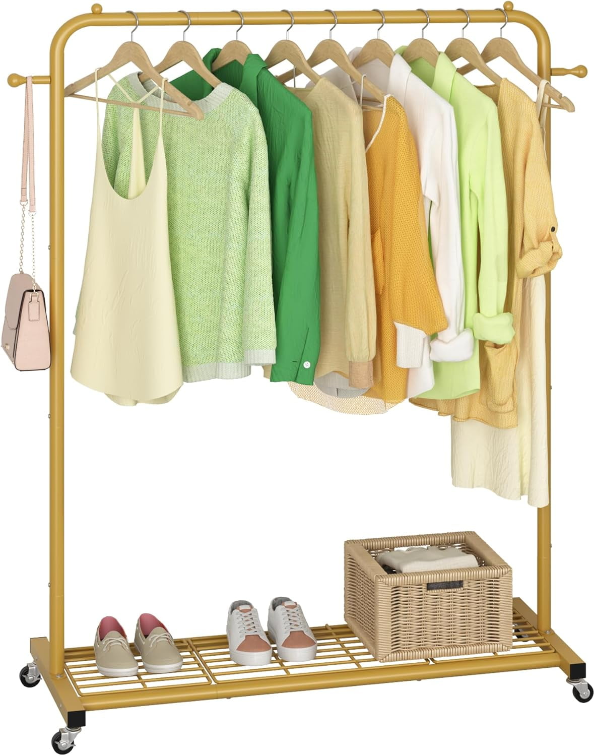 Clothes Rack on wheels, Clothing Rack with Bottom Mesh Storage Shelf ...