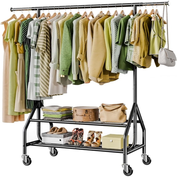 Clothes Rack with 2 Shelves, Heavy Duty Garment Rack Load 450 LBS, Standing Rolling Metal Hanging Clothes with Sturdy Wheels & Shelves