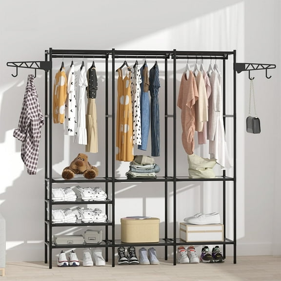 Clothes Rack with 3 Handing Rods, 63 Inch Extra Large Capacity Wardrobe Closet, Clothes Storage Organizer with Shelves, Black