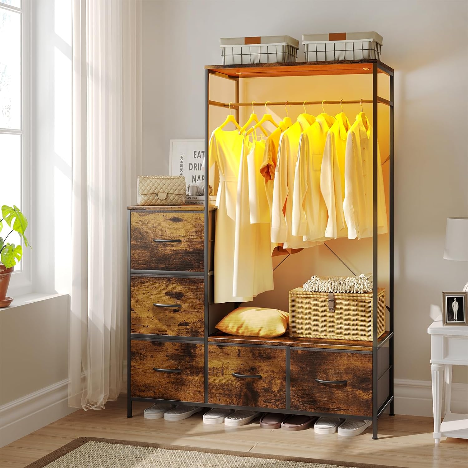Drawer Rack Clothes Clothes Rack with 5 Fabric Drawers, Dresser with Hanging Rack with LED ...