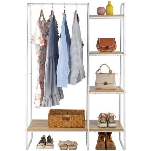 Clothes Rack with 5 Wood Shelf, Freestanding Clothing Rackļ¼Garment Rack, Standing Metal Sturdy Clothing Rack, White C