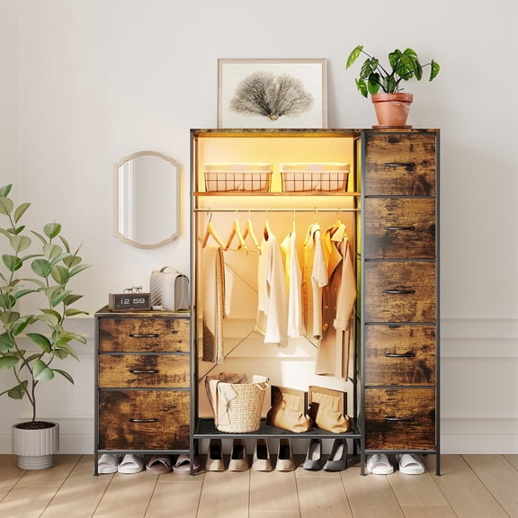 Clothes Rack with Drawers, 57.08 Inch Clothing Rack with LED Lights & Shelves, 8 Fabric Drawers with Hanging Rack for Entryway, Bedroom Closet