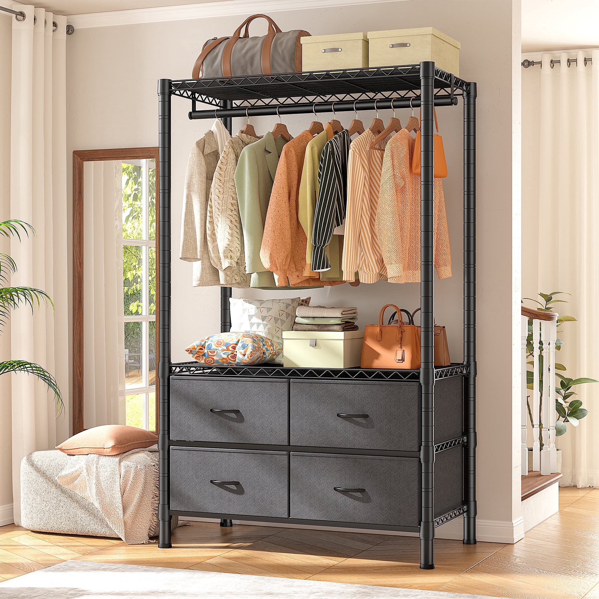 dressing rack design Clothes Rack with Fabric Drawers, Adjustable Wardrobe Closet Rack with  Metal Wire Shelf, Black