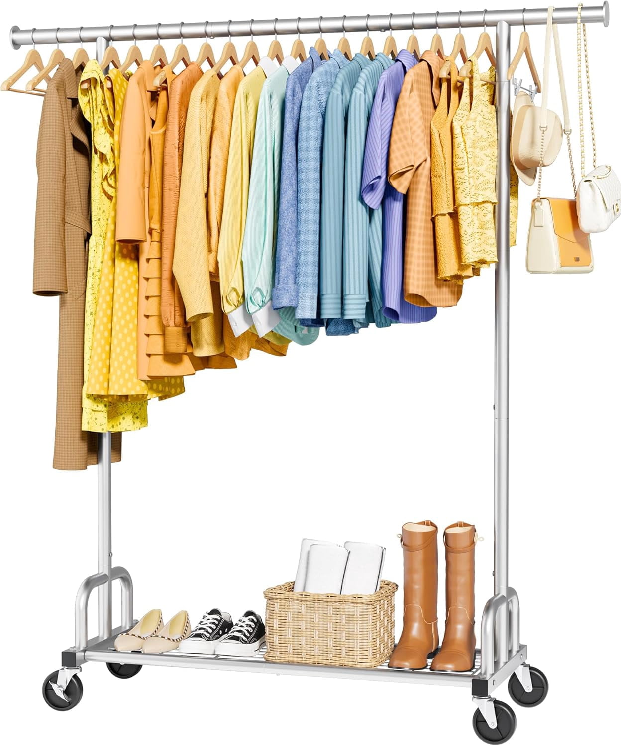 Clothes Rack with Lockable Wheels, Space-Saving Metal Coat Rack, Silver ...