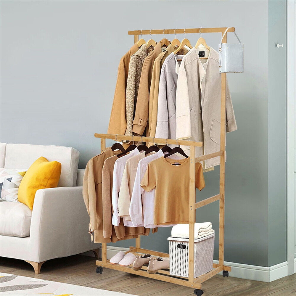 Clothes Rack with Shelf Bamboo Garment Display Rolling Double Rail
