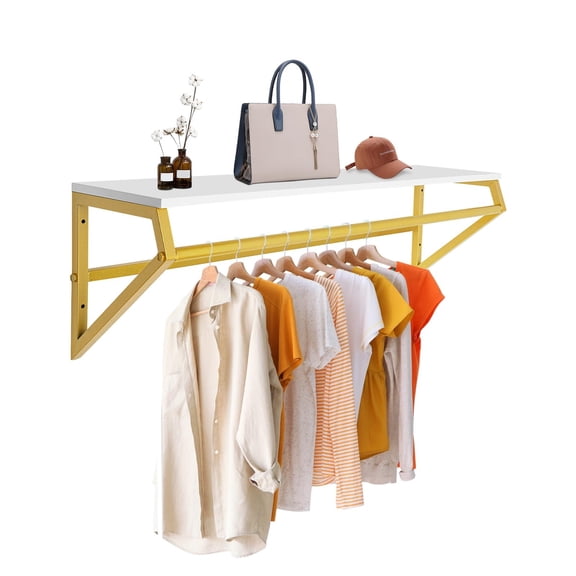 Clothes Rack with Top Shelf, Wall Mounted Garment Rack, Space-Saving Display Hanging Clothes Rack, Gold Metal Clothing Rack for Home, Retail Store