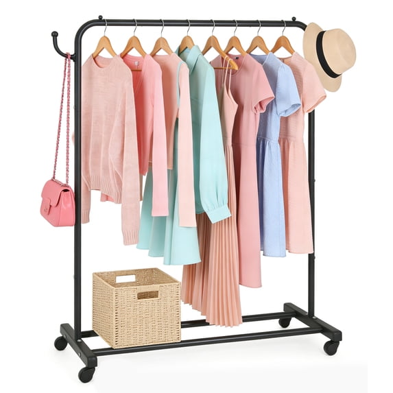 cisilov Clothes Rack, Clothing Rack for Hanging Clothes, Garment Rack with Wheels, Rolling Clothes Rack on Wheels, Black