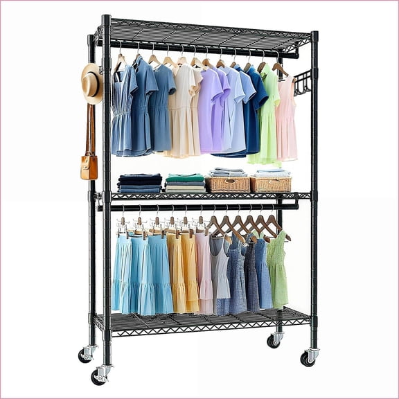 Clothes Rack with Wheels, Heavy Duty 3-Tier Adjustable Metal Organizer with 2 Hanging Rods & Side Hooks | Black | Metal