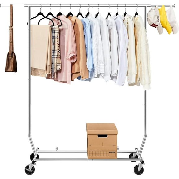 Clothes Rack with Wheels, Heavy-Duty Clothing Organizer, Adjustable Commercial Retail Display Rack, Portable Closet, Chrome-Plated, Silver