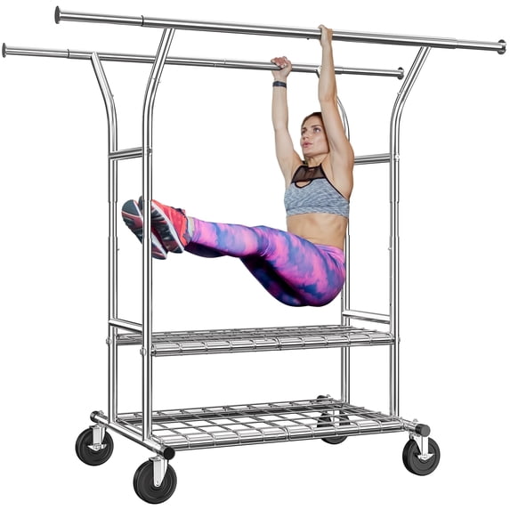Silver heavy-duty garment rack with wheels, adjustable freestanding wardrobe organizer and double shelves