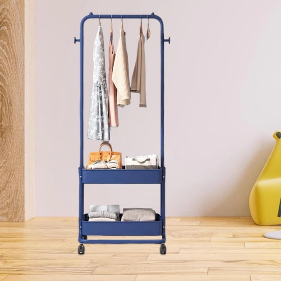 Clothes Rack with Wheels, Rolling Clothes Rack, Laundry Cart with Hanging Rack, Clothes Hanger for Bedroom Blue