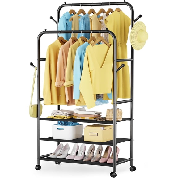 Clothes Racks for Hanging Clothes, Double Rods Clothing Rack with 3-Tier Storage Shelves, Rolling Garment Wardrobe with Wheels, Portable Free Standing Closet for Bedroom, Laundry Room, Black
